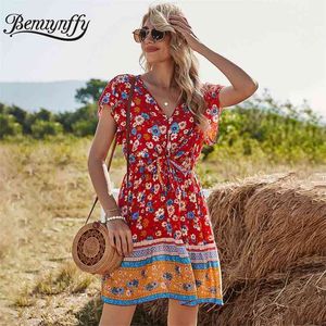 V-neck Button Front Bowknot Butterfly Sleeve Printed Dresses Women Summer Holiday Boho Casual Ladies A-Line Mini Dress 210510