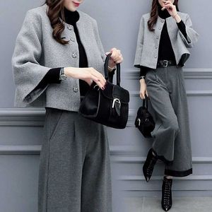 Elegante senhoras jaqueta calças de dois peças inverno casual lã lã casaco feminino temperamento alta cintura 210527