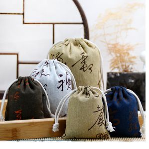 Retro print drawstring bags Gift Jewelry Pouch Cloth Linen Fabric Packaging favor holder Storage Bag business promotion