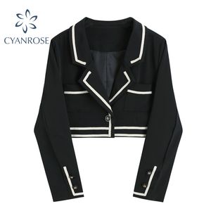 Primavera Outono Mulheres Preto Preto Blazer Manga Longa Vintage Elegante Moda Casual Jaqueta Slim Feminina Curto Outwear Tops 210417