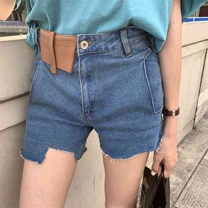 Retro Rasgado Denim Shorts Couro Praça de Couro Verão Sexy Assimétrica Curto Mini Jeans Plus Tamanho 210601