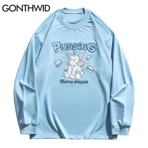 Thirts вышивка мультфильм единорог с длинным рукавом футболки Tee Harajuku моды хлопчатобумажные свободные улицы, хип-хоп повседневные вершины 210602