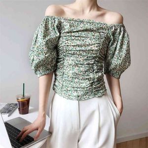 Sexy Off Shoulder Crop Blouse Women Puff Sleeve Pleeated Floral Print Blusas Korean Chic Elegant Tops Shirts 210519