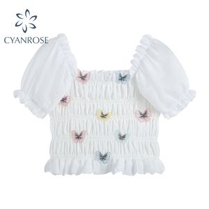 Borboleta Patchwork Branco Bodycon Colheita Blusas Mulheres Verão Puff Manga Curta Slash Neck Sexy Camisas Elegantes Rok Sweet Tops 210417