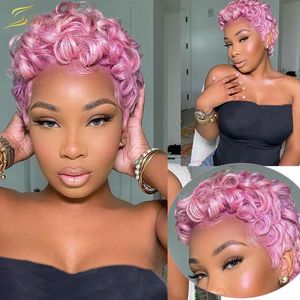 Lace Wigs Pink Color Pixie Cut Wig Human Hair Short Curly Deep Wave Frontal Bob Water Front Blonde x1 Preplucked