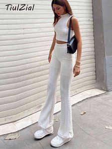 Tiulzial Y2K Stickning Flare Pant High Waist Solid Capris Sweatpants Långbyxor Hollow Out Turtleneck Top White Black 2021 Y211115
