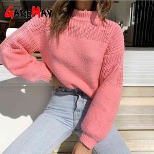 Camisolas de malha para mulheres manga comprida rosa verde pulôver outono quente inverno cute camisola feminina menina menina 210428