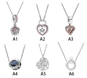 Genuine S925 Sterling Silver Fit Pandora Couple Necklace Fashion All-match Necklace Female Clavicle Love Heart Blue Crysta Charm For Beads Charms