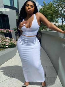 new Summer Women two piece dress tank top crop top+skirt plus size S-2XL outfits solid color tracksuits sleeveless black T-shirt+midi skirts 2pcs sets 4804