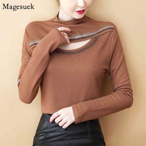 Jesień Zima Hollow Out Długi Rękaw Bluzka Kobiety Halfollar Kobiet Top Solid Sweter Slim Koszula Blusas Mujer 11487 210512