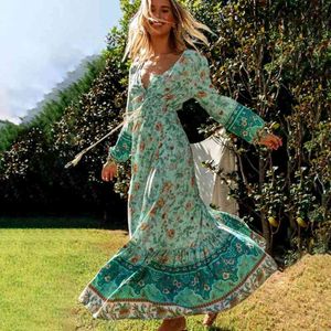 green casual maxi women spring autumn lace up waist floral boho elegant ladies long sleeve dress 210415