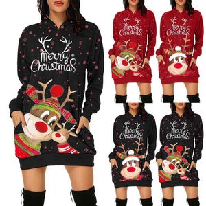 Women Christmas Prints Hoodies Dress Bag Hip Pocket Long Sleeves Hoodies Fashion Sweatshirts Dress With Pockets Casual Dress Y1204