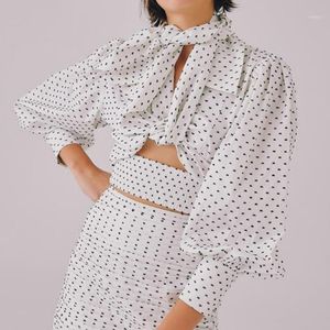 Est Fashion 2021 Designer Blus Kvinnors V-Neck Lantern Sleeve Bow Dot Skriv ut Kort Top Blusar Skjortor