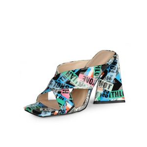 Slippare Womens Square Peep Toe Slipper Match Colors Chunky High Heel Mules Slingbacks Sandaler Shoes Plus Size 34-45 2021