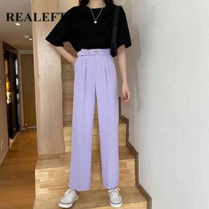 Spring Korean OL Style Purple Women Loose Long Pants Sashes High Waist Office Lady Wide Leg Chic Female 210428