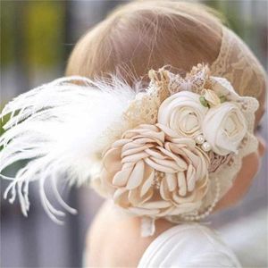 Vintage Flower Headband Baby Girls Headwraps Born Pography Rekwizyty Prezenty Koronki Elastyczne Zespoły Włosów Pearl Pióro Akcesoria 211023