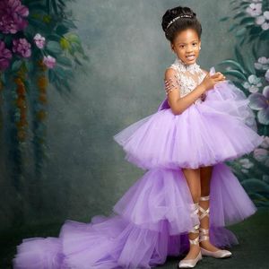 2021 Lilac Purple Girls Pageant Dresses High Neck Crystal Beading Pearls Hi Lo Tulle Tiered Flower Girl Gowns Kids Wear Birthday Party Communion Dress