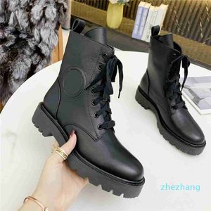 Top Quality Women's Fashion Lace-up Läder Stövlar Designers Ny Varumärke Partihandel Casual Vattentät Boot Kvinnor Round Head Tjock Heel Non-Slip