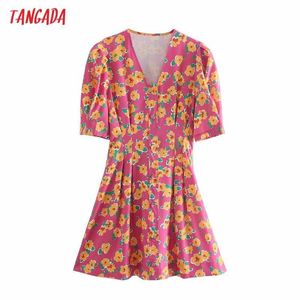 Tangada Yaz Kadın Kırmızı Çiçekler Baskı Fransız Tarzı V Boyun Elbise Puf Kısa Kollu Bayanlar Sundress 4m175 210609