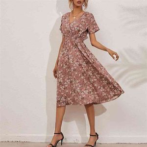 Rosa Blumen Langes Kleid Frauen Sommer Midi Fit und Flare Maxi Sommerkleid Elegante Strand Vestidos De Mujer Outfit 210427