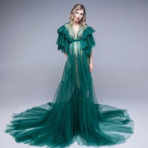 Emerald Green Unique Aftonklänningar Sexig See Through Ruffles Tulle Lace Gravid Kvinnor Kap Klänning Högsidan Split Maternity Formell Prom Party Gowns Fashion