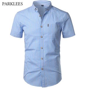 Küçük Ekose Gömlek Erkekler Yaz Kısa Kollu Pamuk Erkek Elbise Gömlek Rahat Düğme Aşağı Chemise Homme Camisa Masculina XXXL 210628