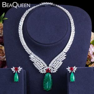 BeaQueen Luxus Exklusive Big Drop Grün Halskette Ohrring Sets für Frauen Hochzeit Braut Kubikzircon Dubai Schmuck Set JS267 H1022