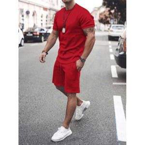 Summer Casual Loose Set Solid Men Tracksuit Shorts and T Shirts Set Short Sleeve T Shirt Shorts 2 Pieces Pure Cotton Botton Gym Fitness Sportswear 764