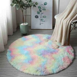 虹カラフルな柔らかいふわふわのカーペット少女の丸い毛深いエリアの敷物のための寝室の装飾カーペットシャギーベッドサイドマットプリンセススタイル220301