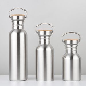 Wholesale nice water bottles for sale - Group buy Stainless Steel Water Bottles Steel Wooden Cover Silver ML High capacity Sports Kettle Nice Gifts Portable