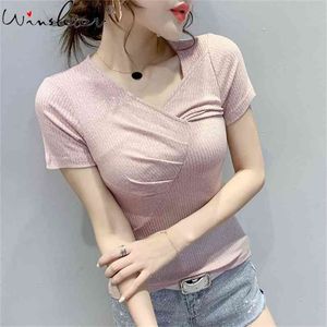 T Shirt Kvinnor Sommar Vegan Kortärmad Koreanskt Sequined T-tröja Mode Topp Tees Kvinnokläder T05205b 210421