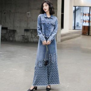 2pcs Tweed Women Denim Jeans Suit Set OL Lady Work Office Wear Short Casual Outwear Coat Jacket + Wide Leg Pants Women's Two Piece