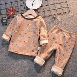 Girls Boys Autumn Winter Plush Thermal Underwear Sets Fashion Outfit Kids Clothes Suit For 1-5 Y Baby Children Warm 210528