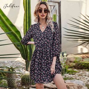 Bow Tie V Neck Rand Beach Mini Dresses Holiday Casual Floral Print Chiffon Dress for Women Boho Puff Sleeve Loose Dress 210415