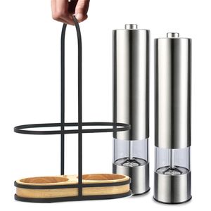 8w Salt Pepper Mill Electric Spice Ze Stali Nierdzewnej Zasilany Z Lampką I Stojak Narzędzie do gotowania Kuchnia 210712