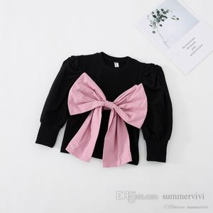 Sweet girls big Bows shirt kids knitted splicing puff sleeve princess tops 2022 spring children all-matching blouse Q3962