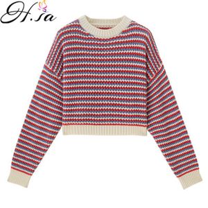 H.Sa Jesień Zima Moda Paski Pulower i One Deck Koreański Styl Crop Swetry Loose Top Oversize Bluzy 210417