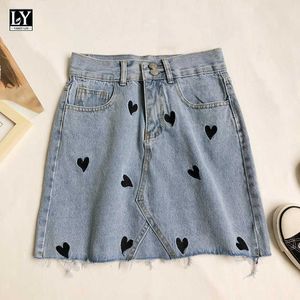 Ly Varey Lin Summer Women Casual Blue A-Line Mini Denim Kjolar Söt Kärlek Broderi Hög Midja Kvinna 210526