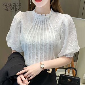 Senhoras Branco Laço Blusa Buff Manga O-Neck Collar Mulheres Tops Elegante Retalhos Crochet Camisa Mulheres Plus Size Blusas Mujer 14111 210528