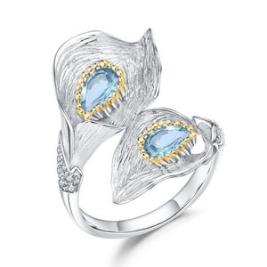 Natürlicher Schweizer Blautopas 925 Sterling Silber Blumenring im italienischen Stil für Mädchen, verstellbare Cluster-Ringe