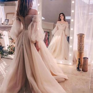 Abendkleider Ivory Evening Gowns 2021 Organza 어깨 롱 슬리브에서 공식 드레스 가운 드 정장 드레스 드레스