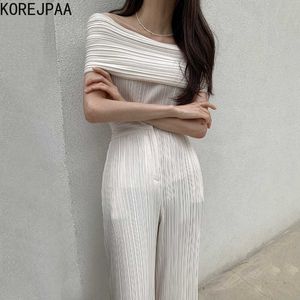 Korejpaa Women Sets Summer Korean Chic Temperament One-Neck Off-Shoulder Pleated Shirt High-Waist Straight Slit Casual Pant 210526