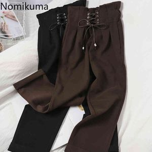 Nomikuma Outono Inverno Mulheres Mulheres Calças Cruz Coreana Lace Up Cintura Alta Cintura Calças Ano Novo Sólido Calças Retas 6D083 210427