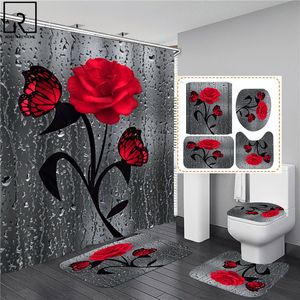 3D Rose Print Vattentät för heminredning Badrum Dusch Gardin Set Badmattor Mattor Anti-Skid