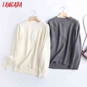 Tangada Kadınlar Moda Zarif Bej Örme Kazak Jumper O Boyun Kadın Boy Kazaklar Chic Tops 6D24 210805