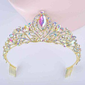 Gold AB Farbe Hochzeit Tiara für Braut Kristall Strass Frauen Kronen mit Kamm Braut Kopfschmuck Haarschmuck Diadema