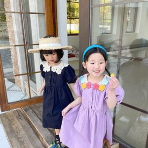 Sommer Gilrs Mode Blumenkragen Prinzessin Kleider Baumwolle Kurzarm Casual Kleid Baby Mädchen Kleidung 210508