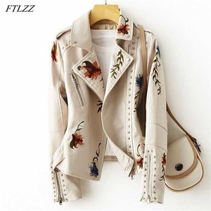 Ftlzz Mulheres Retro Floral Impressão Embroidery Faux Casaco De Couro Macio Casaco De Cobertura Coleira Pu Moto Motociclista Preto Punk Outerwear 211204