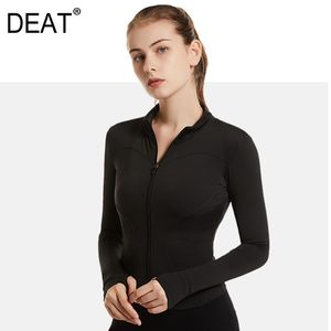 [Deat] Stand Collar Solid Färg Coat Kvinnor Tight Yoga Suit Långärmad Top Cardigan Running Fitness Jacke Spring GX856 210428