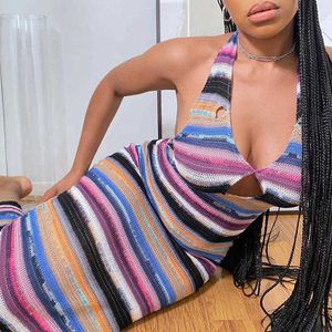 Knitted Bodycon Long Dress Women Sleeveless Halter Backless Hollow Out Striped Dresses For Women Sexy Summer Beach Maxi Dress Y0603